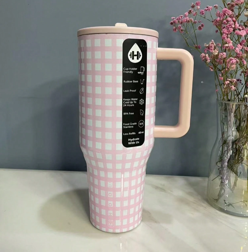 Hydrojug 40 Oz Pink White Gingham With Handle & Flip Straw Tumbler