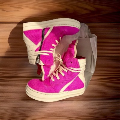 Rick Owens Geobasket Pink White High Top Sneakers Pony Hair