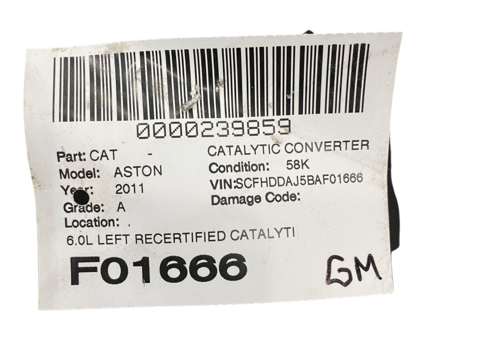 2010-2019 Aston Martin Rapide DDAJ RECERTIFIED CATALYTIC U/ASX/8G435G232AB/0111