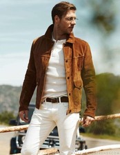 Men's Brown Leather Trucker Jacket Pure Real Soft Suede Custom Leather Coat