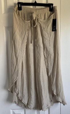 New BCX Pants Womens Large Tan Pull On Tie Front Gauze W Open Wrap Leg Cropped