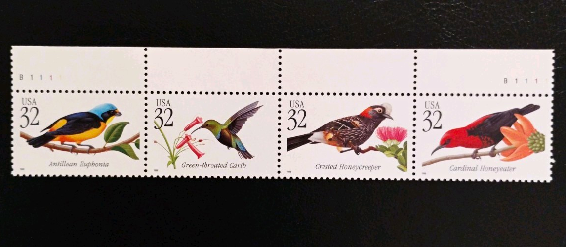 US 32c Birds Postage Stamps Strip of 4 w/ Selvage, Multicolor (MNH) 1990s