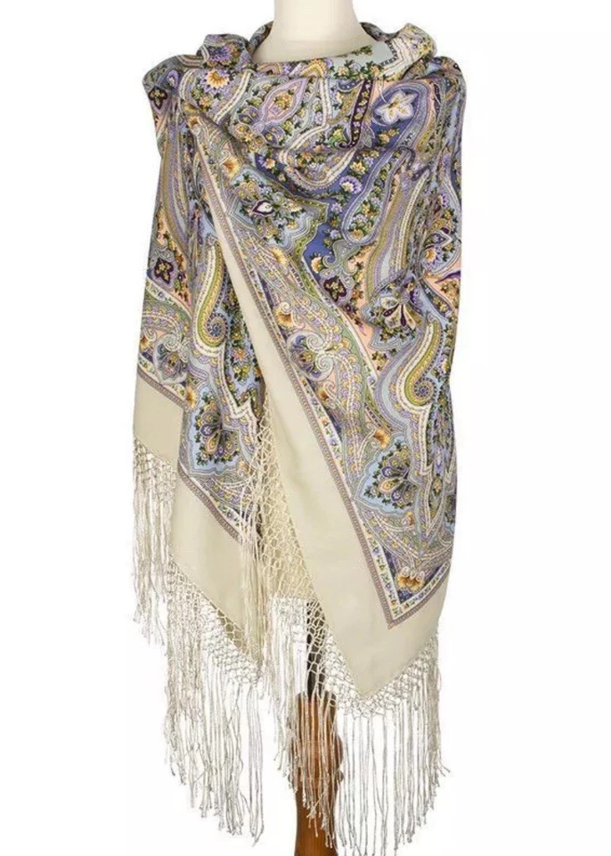 58' квадратный шарф 100% шерсти мериноса этнический бежевый большой шаль испанский подарок 1757 - Изображение 2 из 4