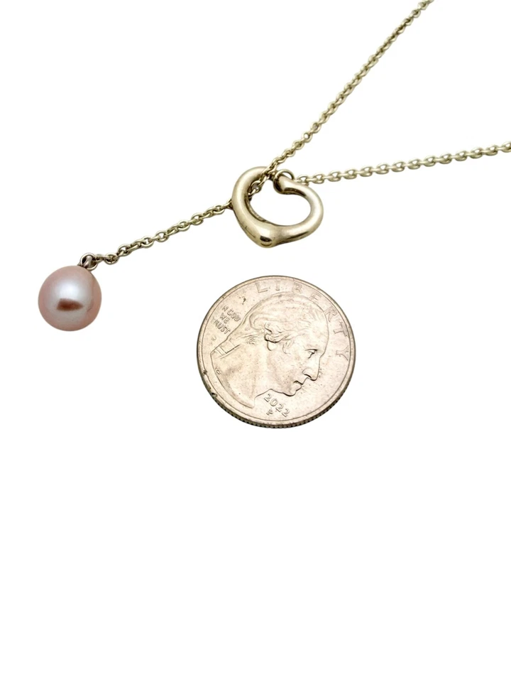 Tiffany & Co. Sterling Peretti Open Heart Pink Pearl Lariat Pendant Necklace 20" - Image 2 of 4