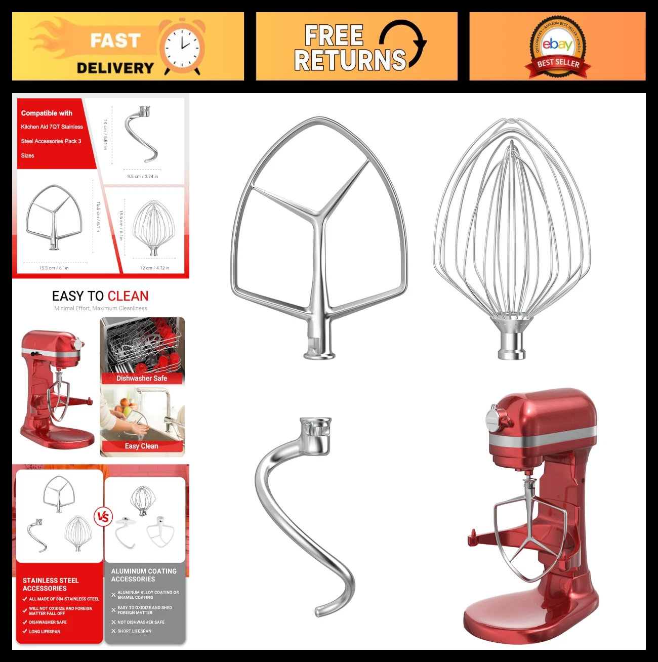 Stainless Steel Mixer Accessories Set for 7QT Kitchen Mixers - Whip, Beater, Dou