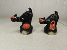 Vintage Lot of 2 Halloween Black Cat Mask Pumpkin Trick Or Treat Wax Candle Set
