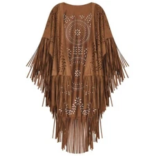 Women Capes Ponchos Cardigan Cloak Suede Floral Hollow Out Fringe Tassel Shawl