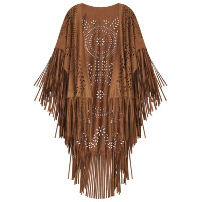 Women's Cape Ponchos Cardigan Cape Suede Floral Hollow Striped Tassel Shawl -