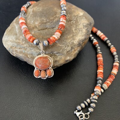 Apple Coral Pendant Spiny Oyster  Sterling Silver Beads Necklace 12389N