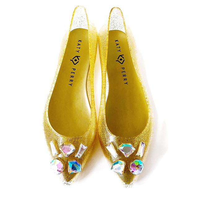 New Katy Perry The Princess Gold Glitter Jelly Flats Shoes Womens Size