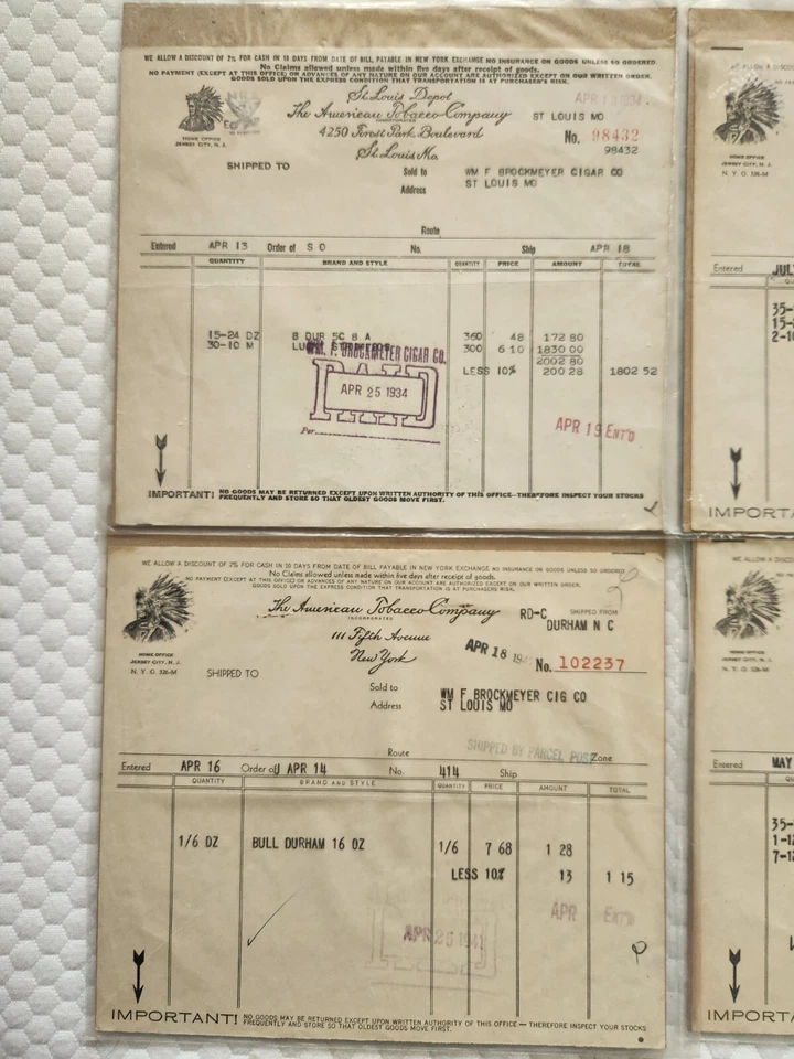 LOTE DE RECIBOS DE VENTA DE AMERICAN TOBACCO COMPANY AÑOS 30 Y 40 Foto 2 de 4
