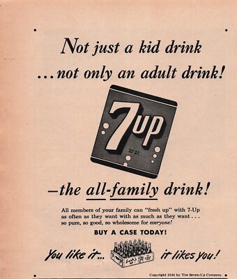 7 Up Kid Adult Drink Buy a Case Bottles Advertising 1948 Vtg Print Ad