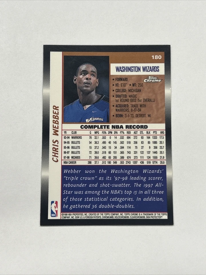 1999-00 Topps Chrome Chris Webber Basketball Cards #180 - Image 2 of 2