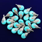 12Pcs Carved Tibetan silver Wrapped Blue Turquoise Teardrop Pendant Bead YJ1197