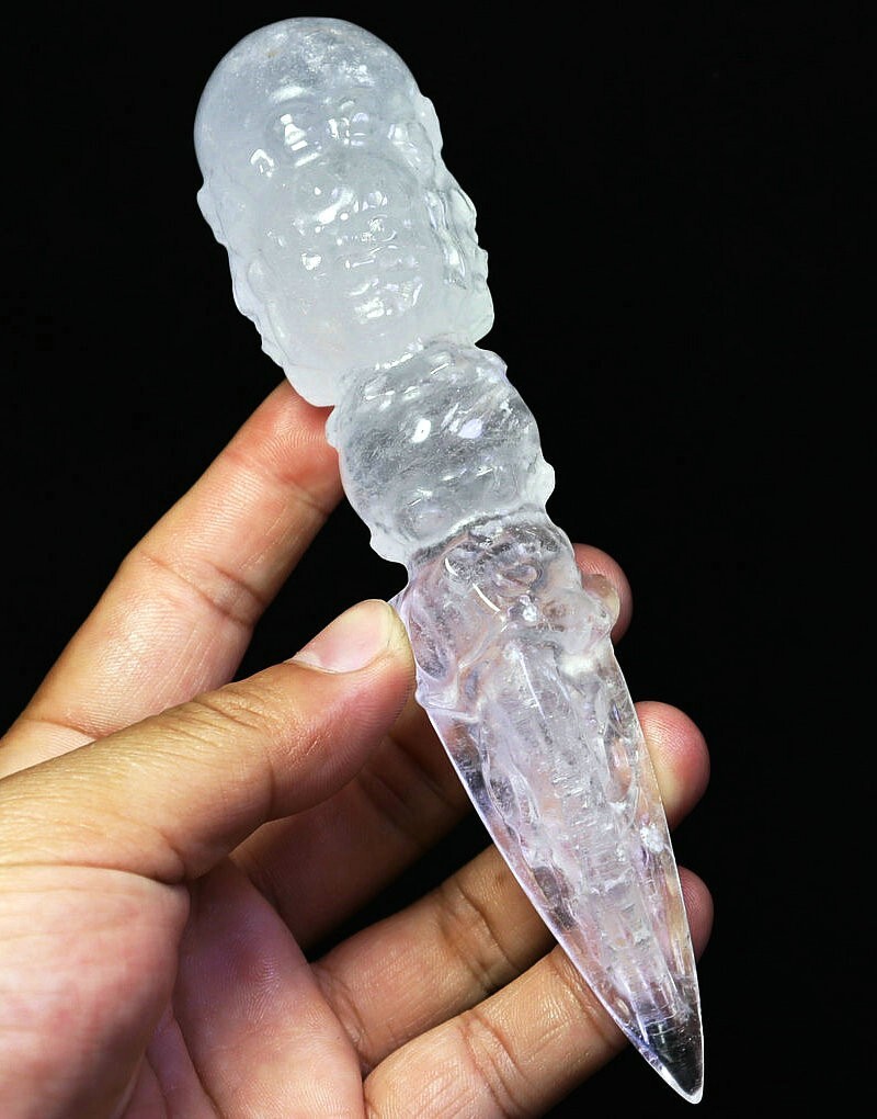 Natural Clear Quartz Crystal Stone Carved Vajra Dorje buddhist Amulet Healing