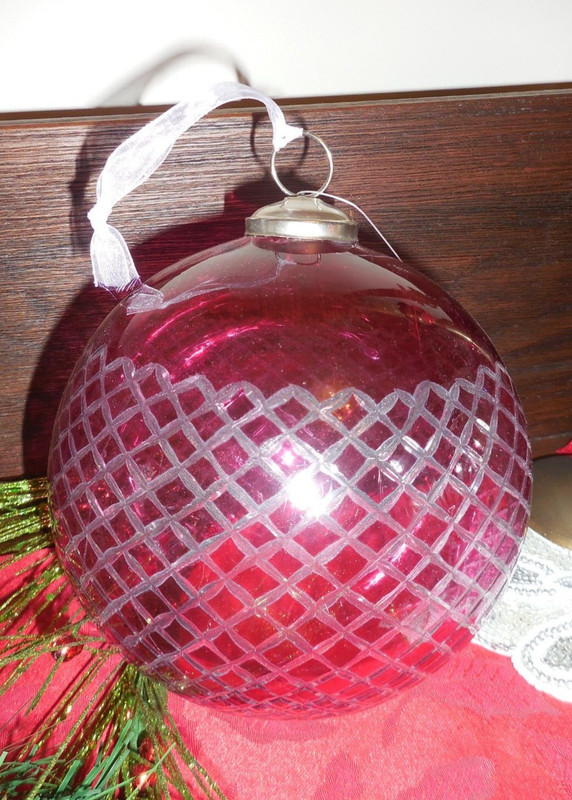 Large Oversized Diamond Patterned Ruby Red Glass Christmas Ornament  5 1/2 - 6"