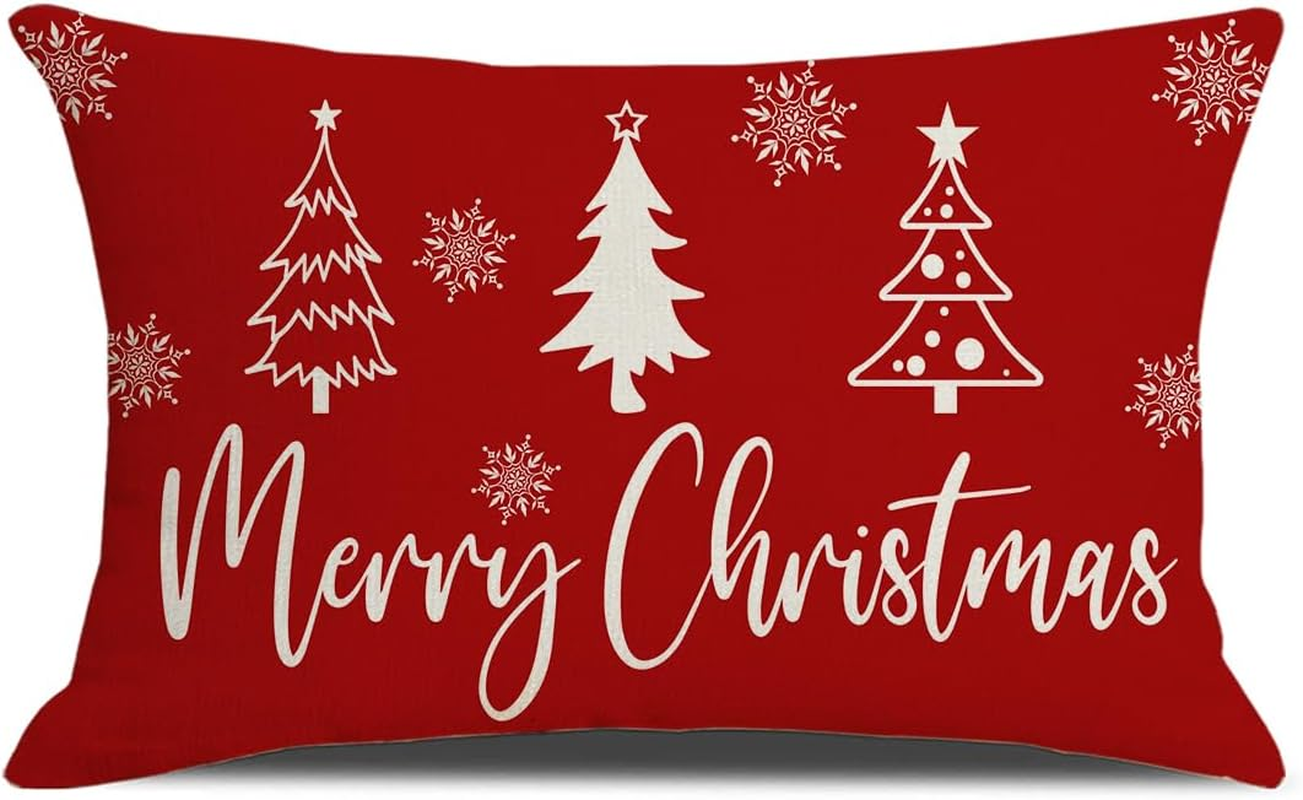 Christmas Tree Red Lumbar Pillow Cover 12x20 Inch Holiday Decor-image