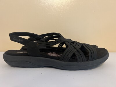 BN59 Skechers Memory Foam Reggae Black Elastic Strap Sandals Womens