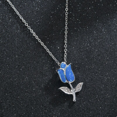 ROSE BLUE crystal FLOWER charm Sterling Silver 925 20'' dainty 1.3mm chain TULIP