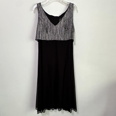Alex Evenings Dress 10 Black Chiffon Tank Silver Sparkle Dinner Party Cocktail