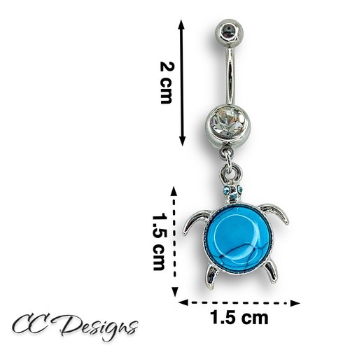 14g Cz White Blue Turquoise Dangle Turtle Navel Belly Button Ring (B227) - Picture 2 of 3