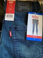 Levis 511 Slim Boys Dark Blue Wash Jeans Stretch Adjustable-Waist 7 REG NWT 