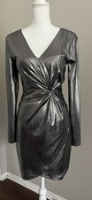 GUESS -Gorgeous Silver Foil Knit Side Knot Faux Wrap Dress Women's Size 6 NEW