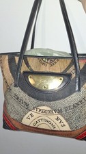 Gattinoni borsa donna Similpelle logo beige/nera, doppi manici pelle, foderata