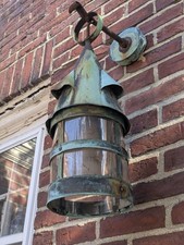 Antique Hardwired Outside Hanging Copper Lantern Light Great Patina Mica Glass