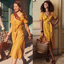Sezane Linen Marianna Dress Curry Golden Yellow Belted Womens Sz 36 French US 34