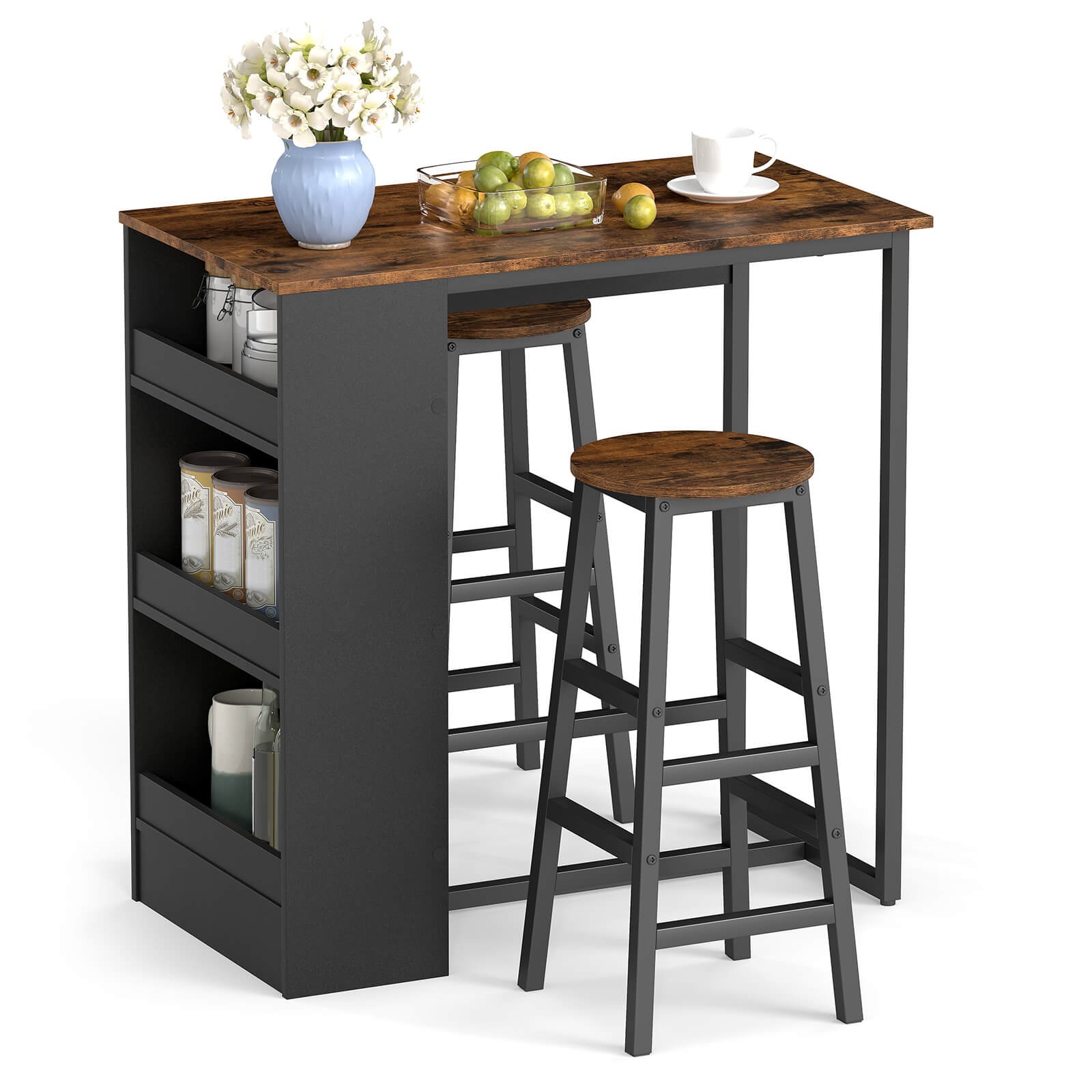3 Pieces Bar Table Set Industrial Counter Height Dining Table Set with Storage