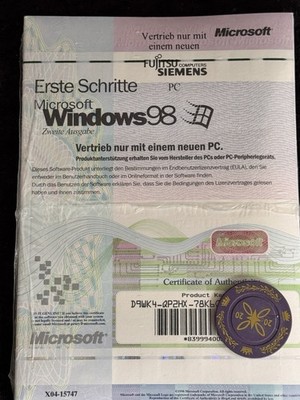 Windows 98 SE, German OEM Full Version with VAT invoice in your name.