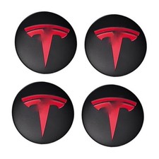 4 PCS Wheel Center Hub Cap Sticker for Model 3 / Model Y, Matt Black  Red