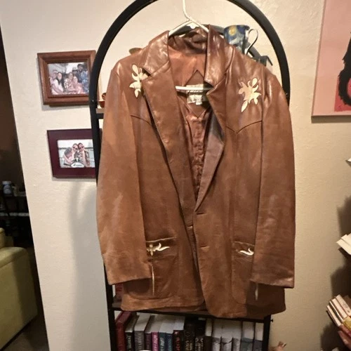 Remy Brown Leather Blazer Jacket Mens 44L Embroidered Button Front - product listing photo