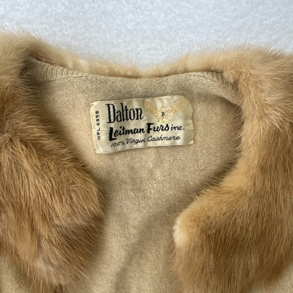 Cárdigan de Colección Dalton Ribete de Piel de Cachemira Años 50 Piel de Leimán Beige Tostado Visón Suéter-S Foto 3 de 4