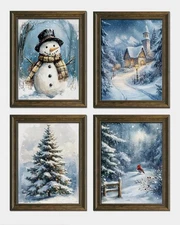 Winter Wonderland Vintage Christmas Wall Art Prints Set of 4, Blue Christmas ...