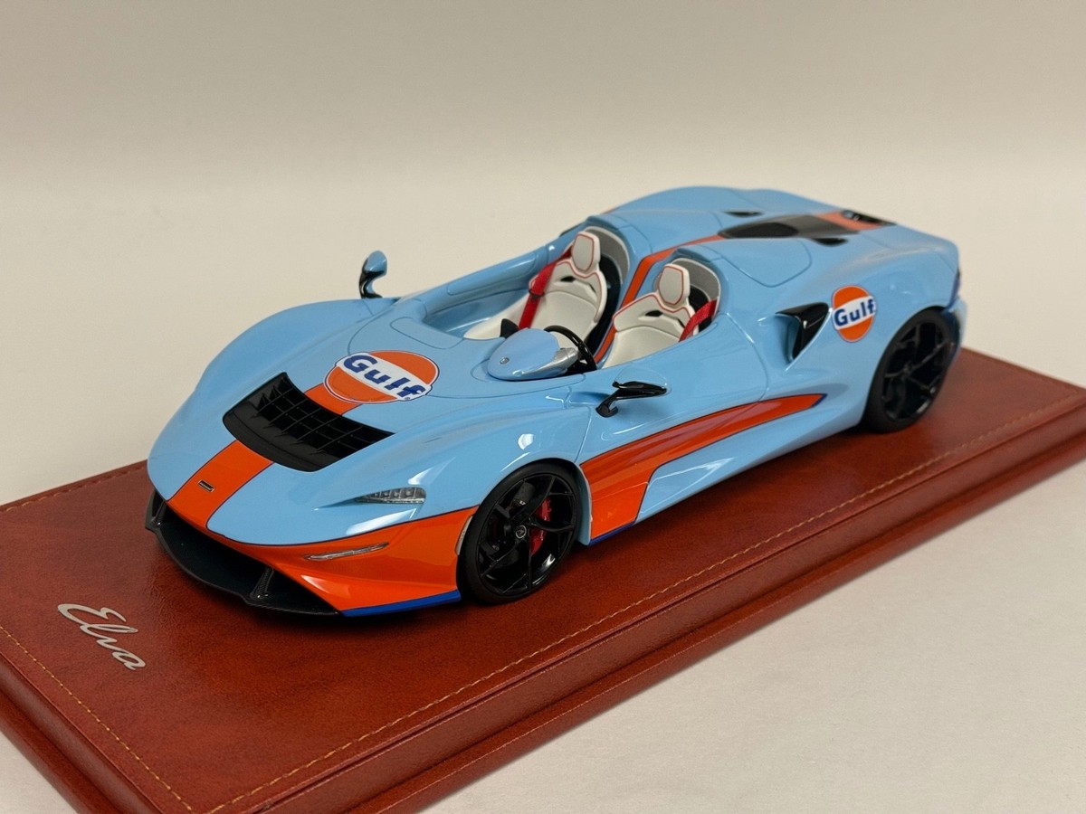 1/18 AB Models McLaren Elva in Gulf Blue from 2019 on leather base
