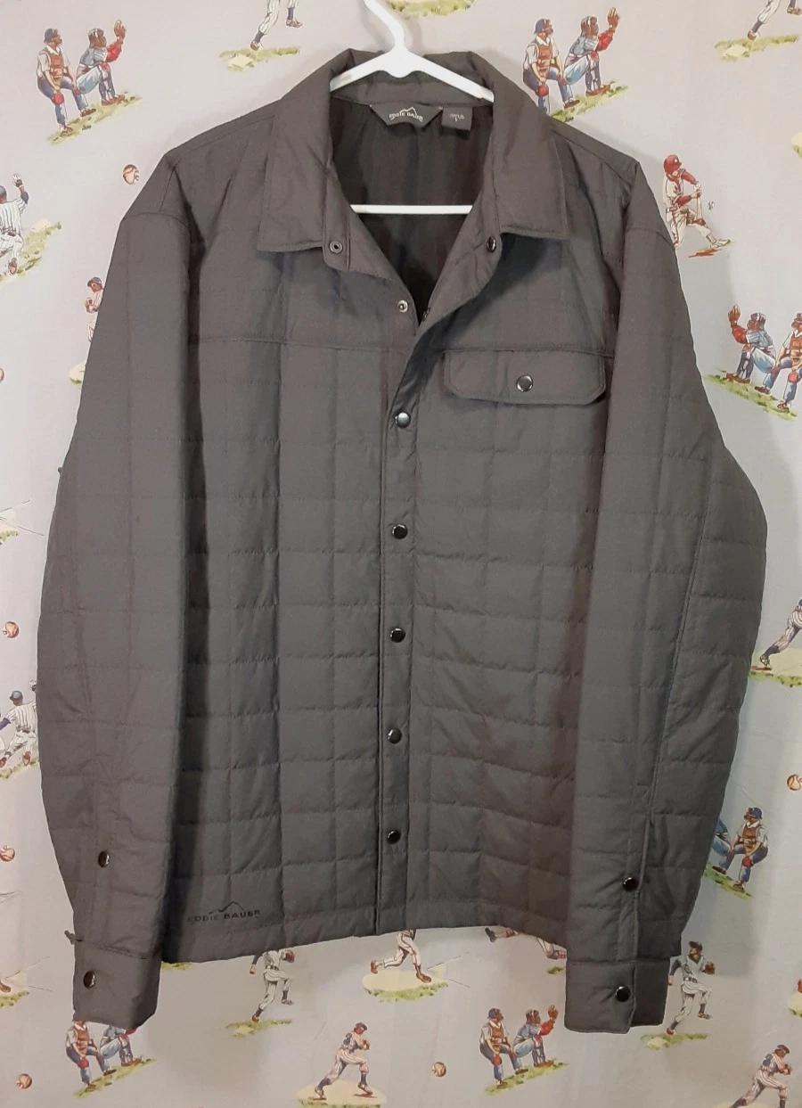 👀 Eddie Bauer Mens Large Jacket Lightweight Gray Quilted Snap Button