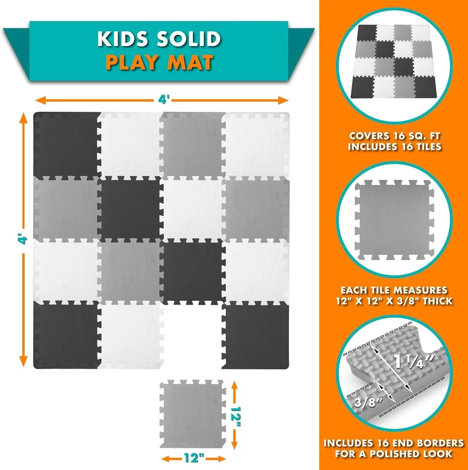 Elegante alfombrilla de juego de rompecabezas de espuma para niños - 16 azulejos entrelazados, negro/gris/blanco Foto 4 de 4