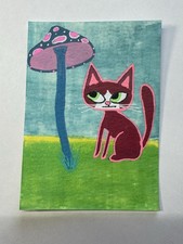 ACEO Originale Acrilico Quadro Arte Carta di Un Gatto Astratto Con Fungo