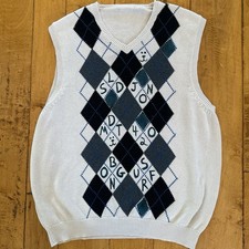 Men's Argyle Knit Sleeveless Sweater Vest White Black Gray Blue V-Neck Acrylic