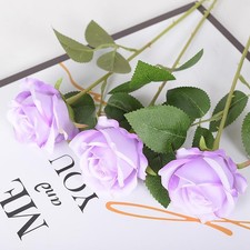 Purple Fake Roses Artificial Flowers 10 Pcs Real Touch Silk Faux Roses with L...