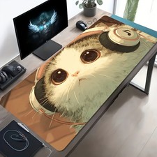 A Large Gaming Mouse Pad Featuring a Cute Cat Art Design with Headphones, Equip
