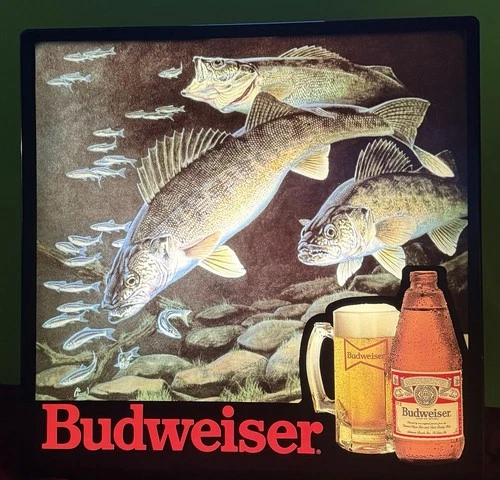 VTG 1985 BUDWEISER BEER WALLEYE FISH IN MOTION FISHING BAR LIGHT SIGN MAN CAVE!