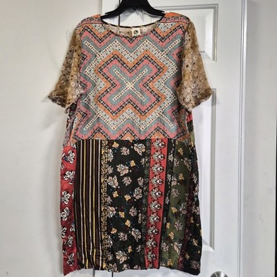 Tiny Anthropologie Boho Mix Floral Patchwork Shift Mini Dress Tunic L Summer 