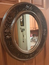 Antique Stunning Hand Carved Oval Cabbage Rose Wood Mirror Picture Decor.