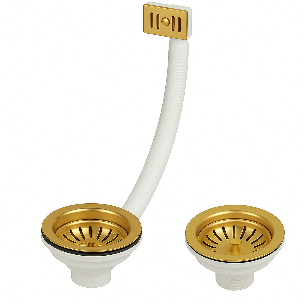 Taps2Traps® Polished Gold Finish Kitchen Sink Basket Strainer Waste Square/Rectangular Overflow + Metal Grid - Image 3