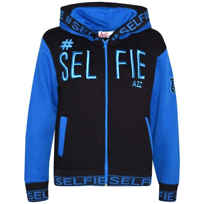 Kids Girls Jacket #Selfie Embroidered Blue Zipped Top Hooded Hoodie 5-13 Years
