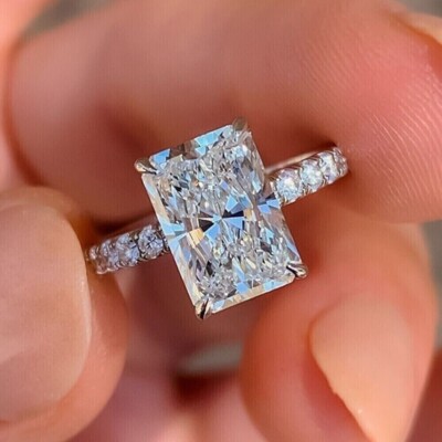 Engagement Ring DEF MOISSANITE Solitaire 3.30 CTW Radiant 14K White Gold Plated