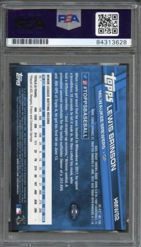 2017 Topps Holiday #HMW82 Lewis Brinson Signed RC Card Auto Grade 10 PSA Slabbed - Image 2 of 2